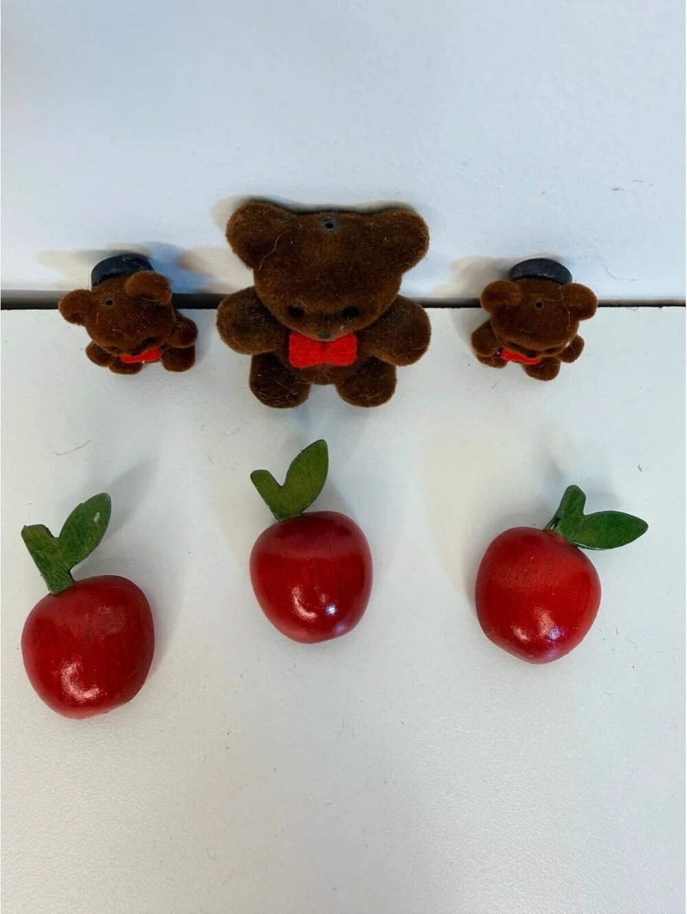 Vintage teddy bear and wood apple magnet set